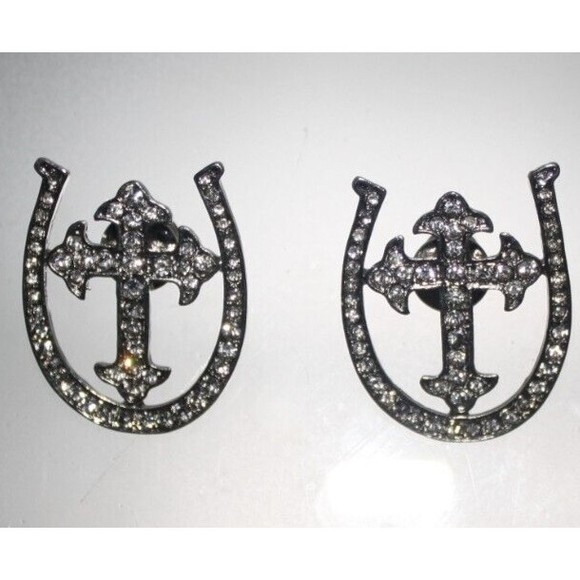 Set Of Two Horseshoe & Cross Rhinestone Screw On Embellishments New - Picture 1 of 3